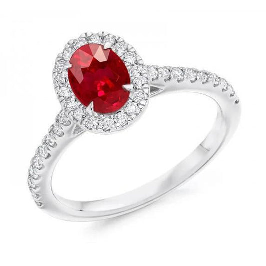 7.35 Carats Oval Ruby With Round Diamonds Ring White Gold 14K - Gemstone Ring-harrychadent.ca