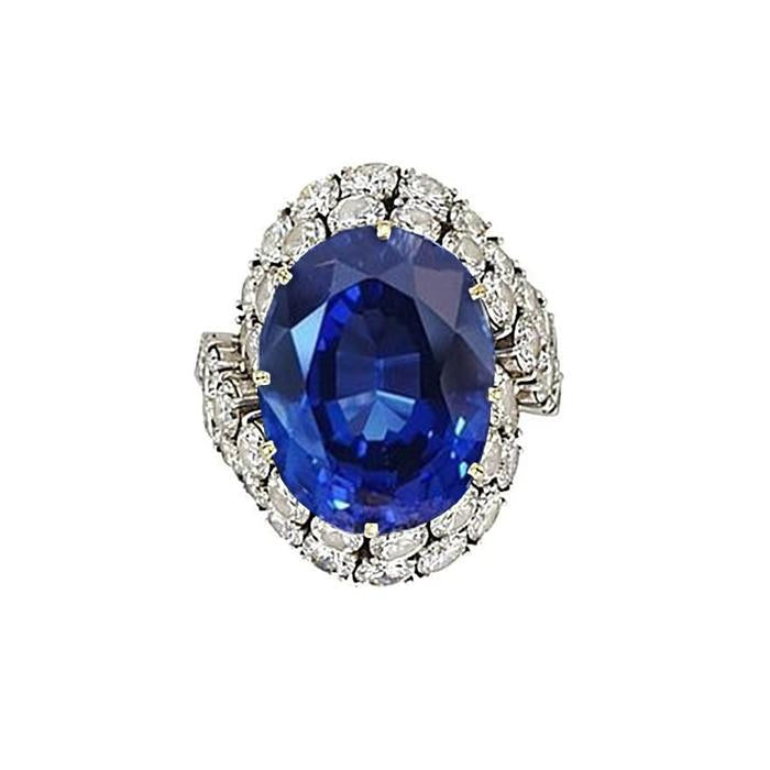 7 Ct Oval Sri Lanka Blue Sapphire And Diamonds Ring White Gold 14K - Gemstone Ring-harrychadent.ca