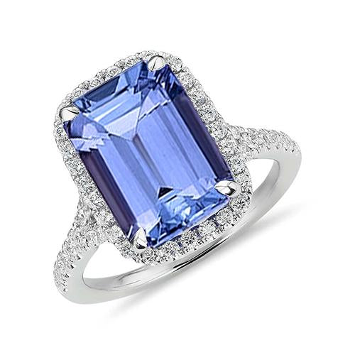 8.75 Ct Emerald Shape Tanzanite With Round Diamonds Ring Gold New - Gemstone Ring-harrychadent.ca