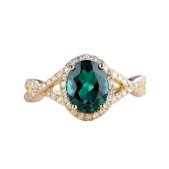 8 Ct Green Emerald Stone Ring With Diamond Jewelry Yellow Gold 14K - Gemstone Ring-harrychadent.ca