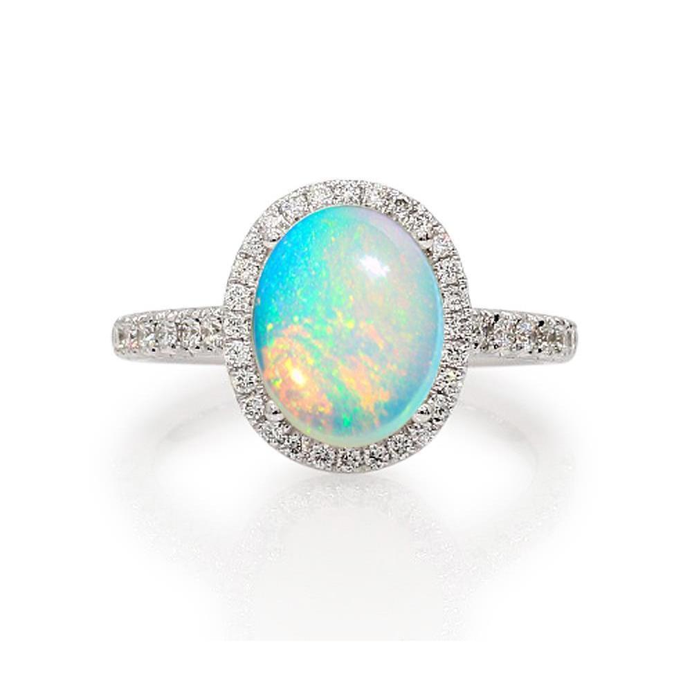 9.40 Ct Big Opal And Diamonds Anniversary Ring White Gold 14K - Gemstone Ring-harrychadent.ca