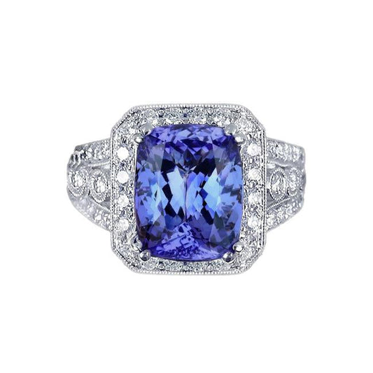 9.50 Carat Cushion Tanzanite And Round Diamonds Ring Vintage Style - Gemstone Ring-harrychadent.ca