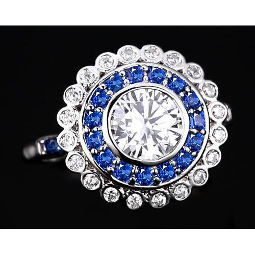 Anniversary Ring Round Diamond & Blue Sapphire Baguettes 4 Carats - Gemstone Ring-harrychadent.ca