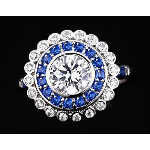 Anniversary Ring Round Diamond & Blue Sapphire Baguettes 4 Carats - Gemstone Ring-harrychadent.ca