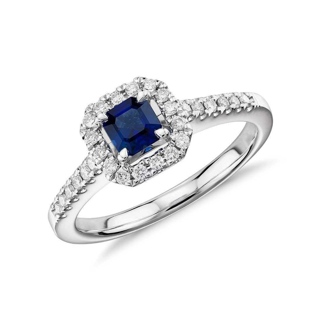 Asscher Cut Blue Sapphire And Diamond Ring White Gold 1.55 Carats - Gemstone Ring-harrychadent.ca