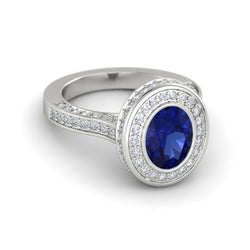 Bezel Set 3.40 Ct Halo Ceylon Sapphire And Natural Earth Mined Diamonds Ring