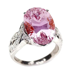 Big Kunzite With Small Natural Earth Mined Diamonds 29.85 Carats Wedding Ring White Gold