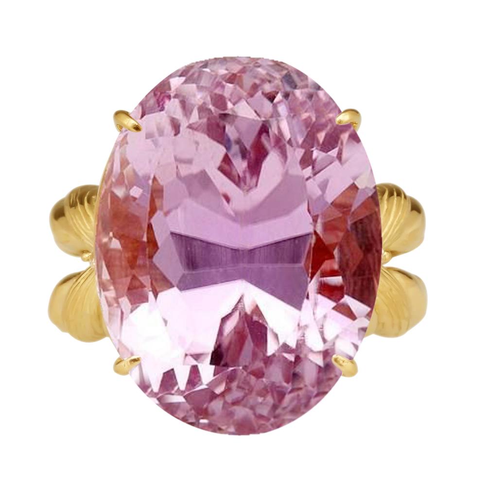 Big Oval Cut Pink Kunzite Gemstone Ring 30 Ct. Yellow Gold 14K - Gemstone Ring-harrychadent.ca