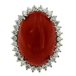 Big Oval Red Coral With Small Round Natural Earth Mined Diamonds 13 Ct Ring White Gold 14K