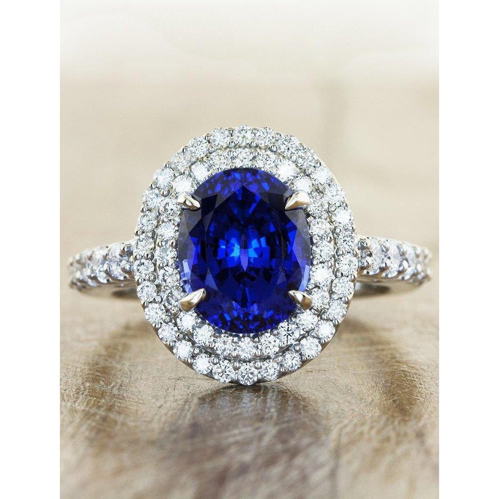Big Oval Sri Lanka Blue Sapphire Diamond Ring 4.55 Ct White Gold 14K - Gemstone Ring-harrychadent.ca