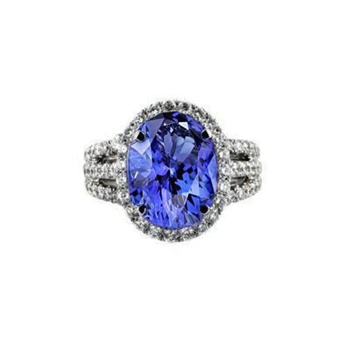 Big Oval Tanzanite With Small Round Diamonds 6.70 Ct Ring Gold 14K - Gemstone Ring-harrychadent.ca