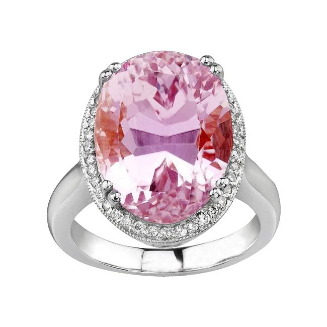 Big Pink Kunzite With Diamonds 30.75 Ct Wedding Ring Gold White 14K - Gemstone Ring-harrychadent.ca