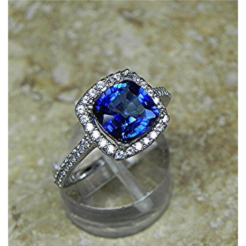 Blue Cushion Cut Sapphire Halo Diamond Wedding Ring 3.5 Ct Gold 14K - Gemstone Ring-harrychadent.ca