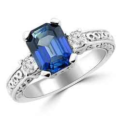 Blue Emerald Cut Sapphire And Natural Earth Mined Diamond 3 Stone Ring 2.50 Carats Gold