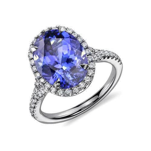 Blue Oval Cut Tanzanite And Diamond Ring 6.50 Carats White Gold 14K - Gemstone Ring-harrychadent.ca