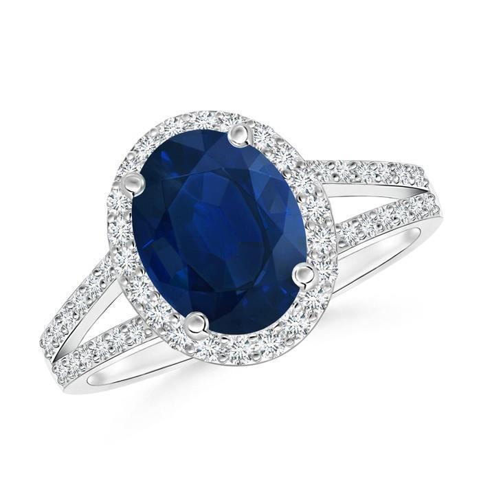 Blue Oval Sapphire Ring With Accents Diamond White Gold 14K 3.50 Ct - Gemstone Ring-harrychadent.ca