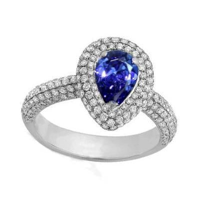 Blue Sapphire Center Pear Round Diamond Ring 2.30 Carat White Gold 18K - Gemstone Ring-harrychadent.ca