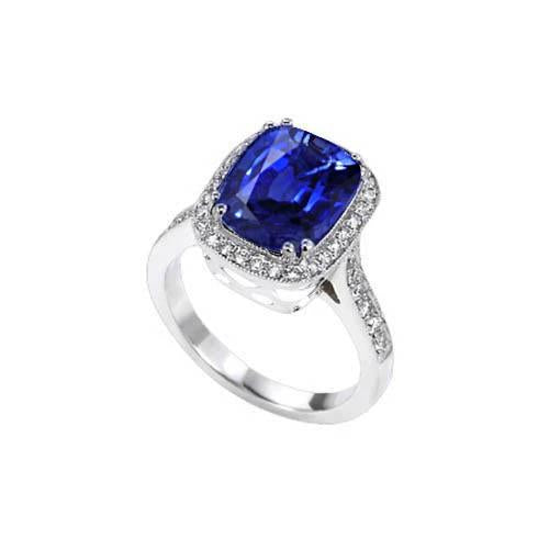 Blue Sapphire Cushion And Round Cut 4.55 Carat Diamonds Ring WG 14K - Gemstone Ring-harrychadent.ca