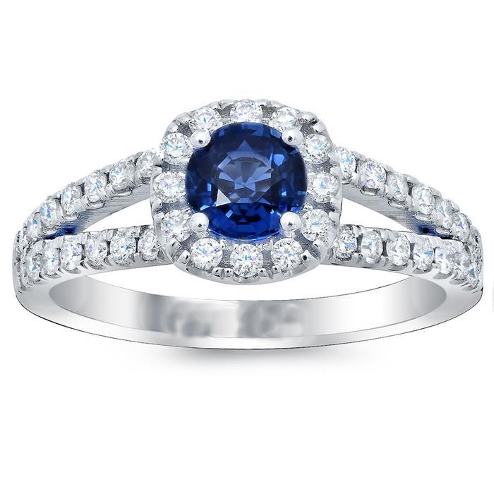 Blue Sapphire Diamonds Round 3.50 Carats Jewelry Halo Gemstone Ring - Gemstone Ring-harrychadent.ca