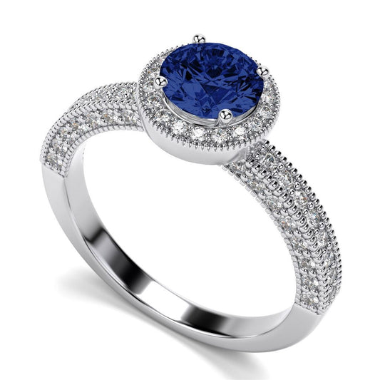 Ceylon Blue Sapphire And Diamonds Anniversary Ring New White Gold 14K - Gemstone Ring-harrychadent.ca