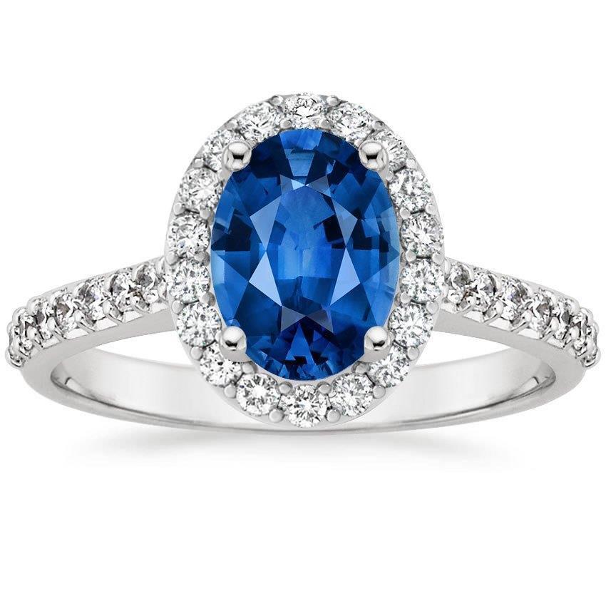 Ceylon Blue Sapphire Halo Diamond Ring 14K White Gold Oval 2.15 Ct. - Gemstone Ring-harrychadent.ca