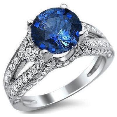 Ceylon Blue Sapphire With Diamonds Ring 4 Ct White Gold 14K - Gemstone Ring-harrychadent.ca