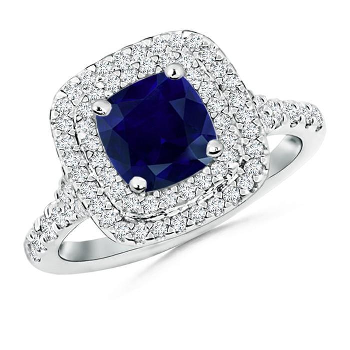 Ceylon Sapphire Double Halo Diamond Ring 4.0 Carat White Gold 14K - Gemstone Ring-harrychadent.ca