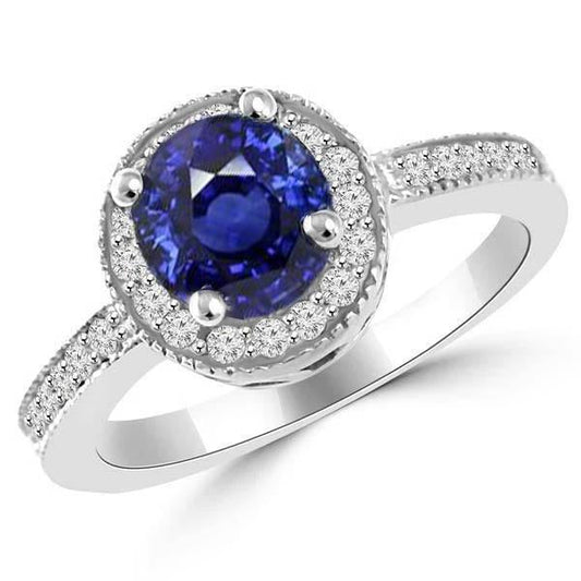 Ceylon Sapphire Halo Diamond 1.50 Carats Ring White Gold 14K - Gemstone Ring-harrychadent.ca