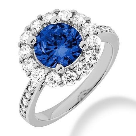 Ceylon Sapphire & Halo Diamond Wedding Ring 3.50 Carats White Gold 14K - Gemstone Ring-harrychadent.ca