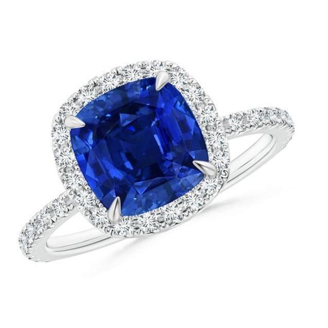 Ceylon Sapphire Halo Diamonds Ring 4 Carats White Gold 14K New - Gemstone Ring-harrychadent.ca