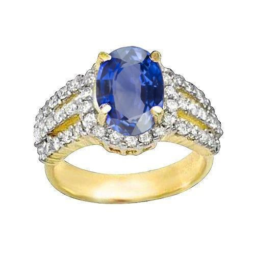 Ceylon Sapphire Oval And Round Diamonds Ring Gold 14K 3.51 Carats - Gemstone Ring-harrychadent.ca