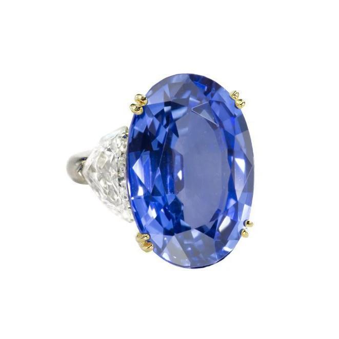 Ceylon Sapphire Oval And Trillion Diamonds Ring 3-Stone - Gemstone Ring-harrychadent.ca