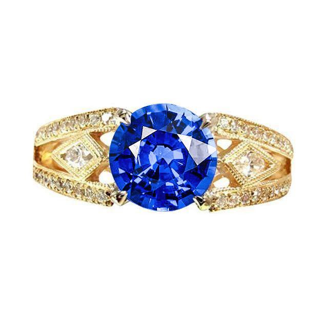 Ceylon Sapphire Round Diamonds 3.76 Ct Ring Antique Style - Gemstone Ring-harrychadent.ca