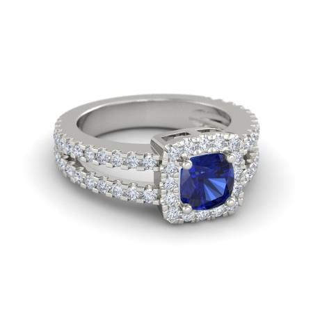 Cushion Blue Sapphire With Diamonds 4.50 Carats Ring White Gold 14K - Gemstone Ring-harrychadent.ca