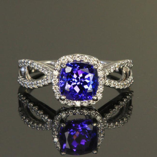 Cushion Blue Tanzanite And Diamond Ring 5.50 Carats White Gold 14K - Gemstone Ring-harrychadent.ca