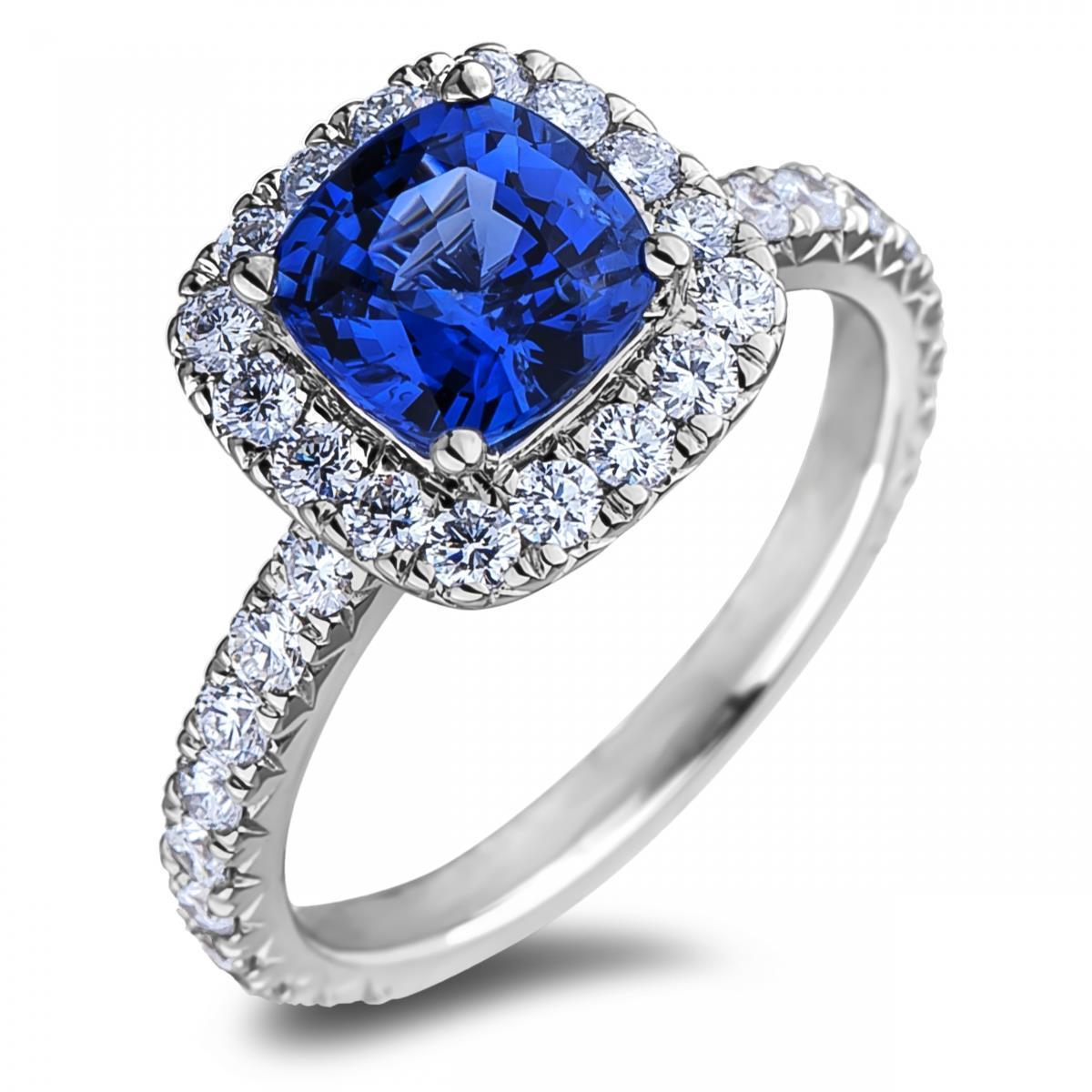 Cushion Ceylon Blue Sapphire With Diamonds 2.50 Ct. Ring - Gemstone Ring-harrychadent.ca