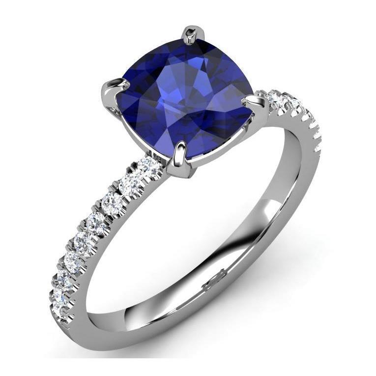 Cushion Ceylon Sapphire And Diamonds 2.90 Ct Ring White Gold 14K - Gemstone Ring-harrychadent.ca