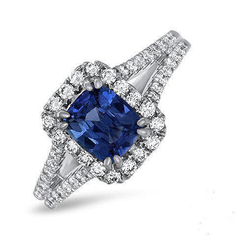 Cushion Ceylon Sapphire Diamond Ring Accents 3 Carats WG 14K - Gemstone Ring-harrychadent.ca