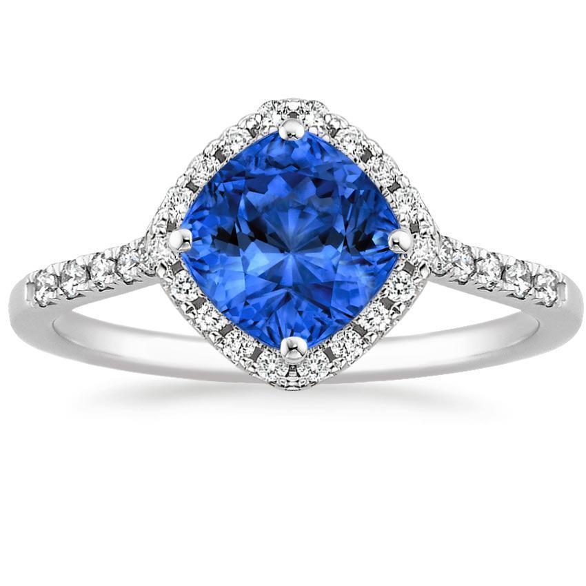 Cushion Cut Blue Sapphire & Round Diamond Ring 3 Ct. White Gold 14K - Gemstone Ring-harrychadent.ca