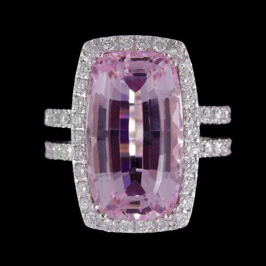 Cushion Cut Pink Kunzite 24.50 Ct Diamond Ring White Gold Lady Jewelry - Gemstone Ring-harrychadent.ca