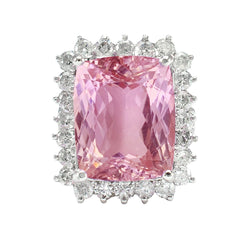 Cushion Cut Pink Kunzite With Natural Earth Mined Diamond Ring White Gold Jewelry 21 Ct