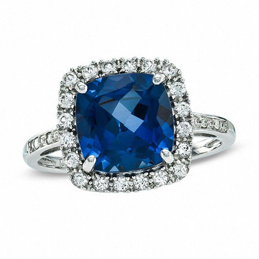 Cushion Cut Sapphire With Diamond Wedding Ring 3 Ct. White Gold 14K - Gemstone Ring-harrychadent.ca