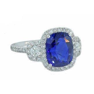 Cushion Cut Sri Lankan Sapphire Diamond Ring White Gold 14K 5 Ct - Gemstone Ring-harrychadent.ca
