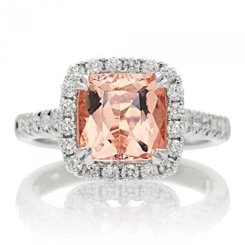 Cushion Morganite And Diamond 27 Ct Ring White Gold 14K - Gemstone Ring-harrychadent.ca