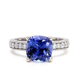 Cushion & Round Cut 3.30 Carats Ceylon Sapphire Diamonds Ring WG 14K