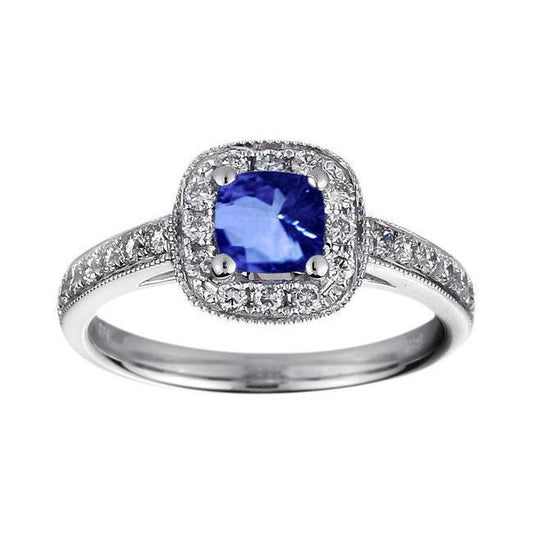 Cushion Sri Lanka Blue Sapphire Diamond 1.25 Ct. Ring White Gold 14K - Gemstone Ring-harrychadent.ca