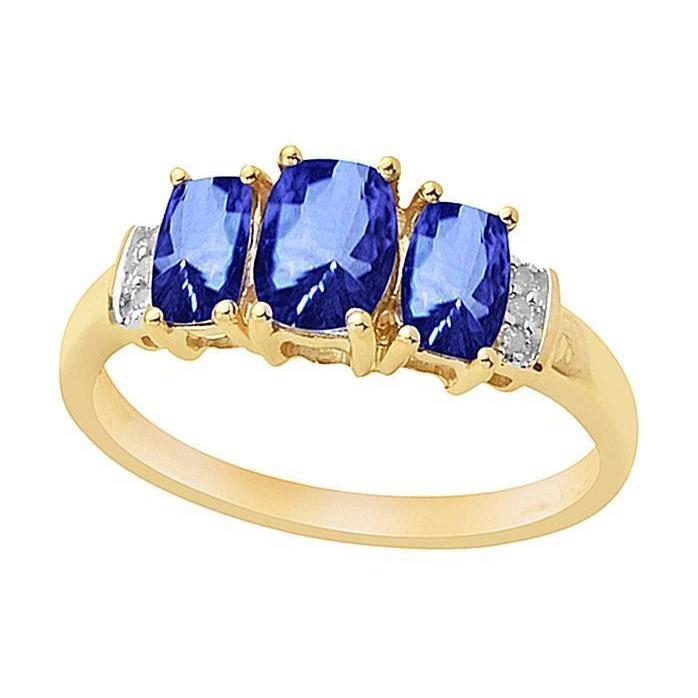 Cushion Sri Lanka Blue Sapphire Diamond Ring 3-Stone 5.26 Carat YG 14K - Gemstone Ring-harrychadent.ca