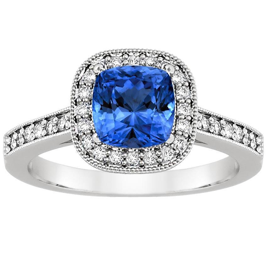 Cushion Sri Lanka Blue Sapphire Diamonds 3.40 Ct Ring White Gold 14K - Gemstone Ring-harrychadent.ca