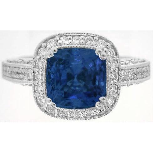 Cushion Sri Lanka Sapphire & Diamond Ring White Gold 14K 3 Carats - Gemstone Ring-harrychadent.ca
