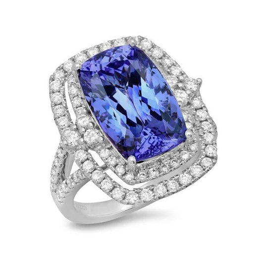 Cushion Tanzanite & Diamond 7 Carats Halo Fancy Ring Gold White 14K - Gemstone Ring-harrychadent.ca